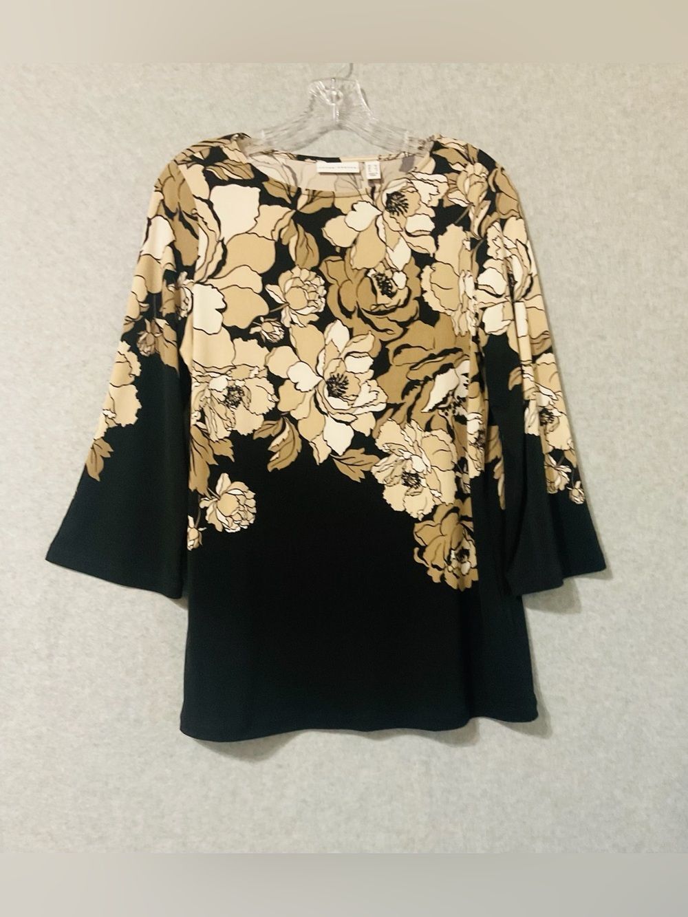 Susan Graver Floral Bell-Sleeve Tunic Top in Black and Tan Sz XS